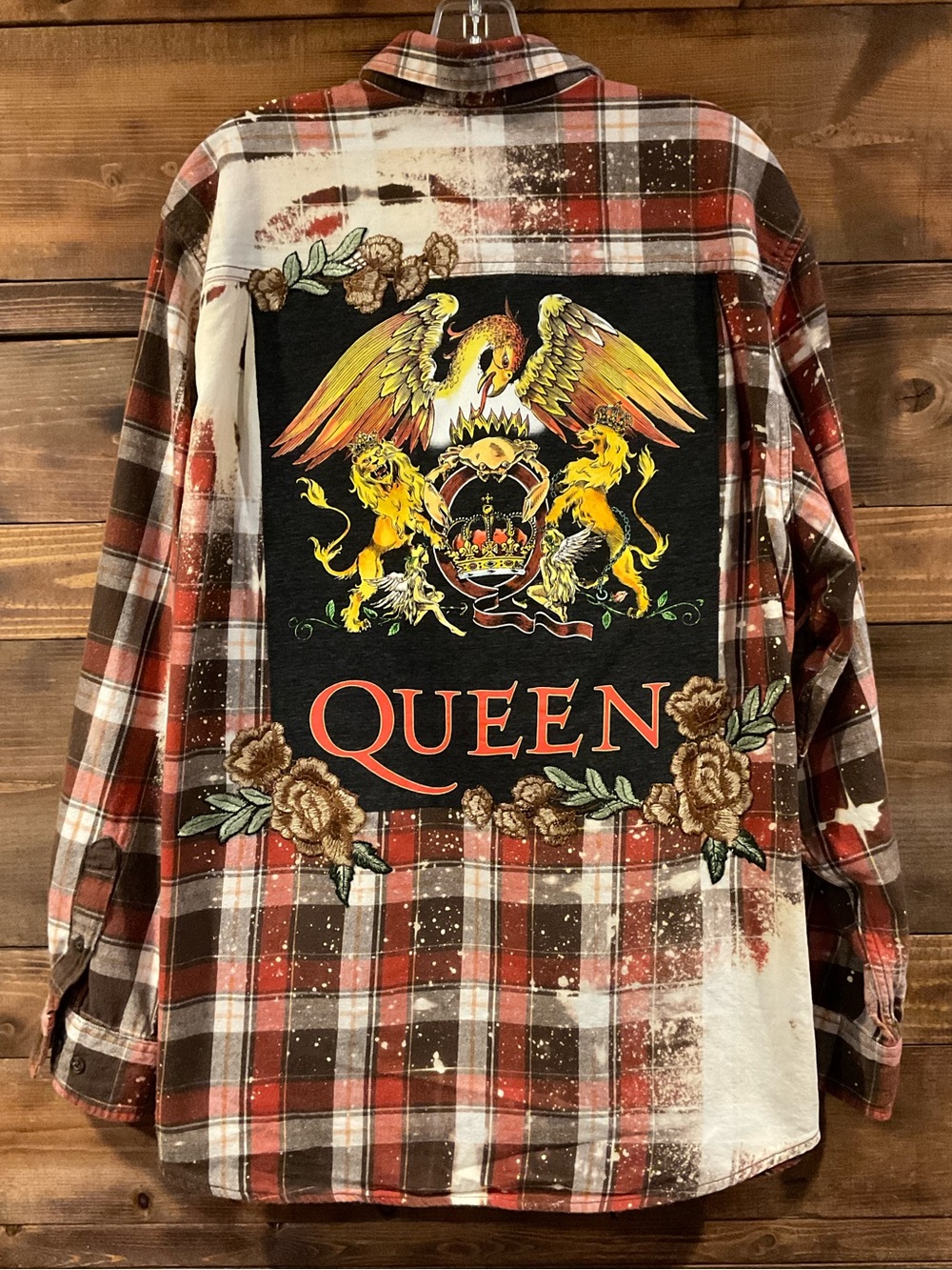 Custom QUEEN "Crest Logo" Distressed Grunge Plaid Flannel Shirt Rare Mens 2X XXL